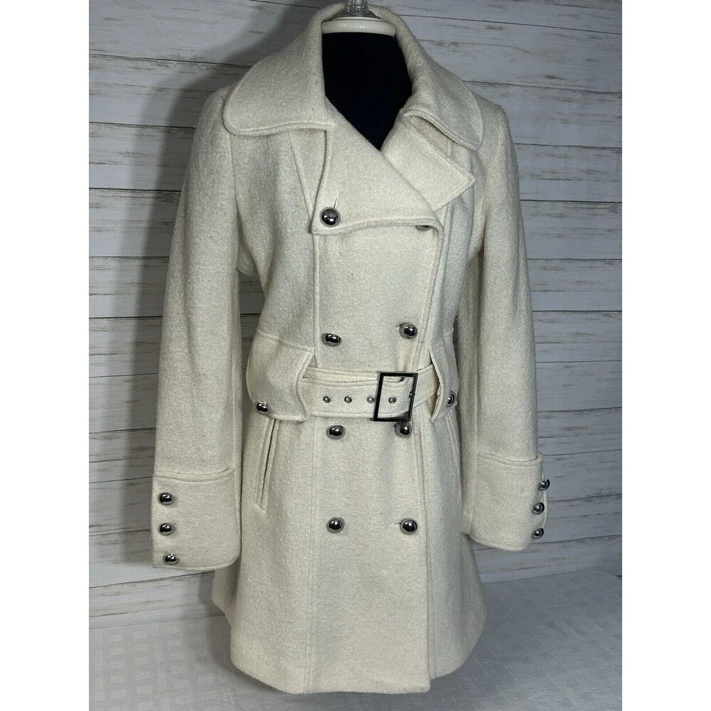 VIA 100% Boiled Wool Viscose Ivory White Size 8 Womens Long Jacket Coat spiga